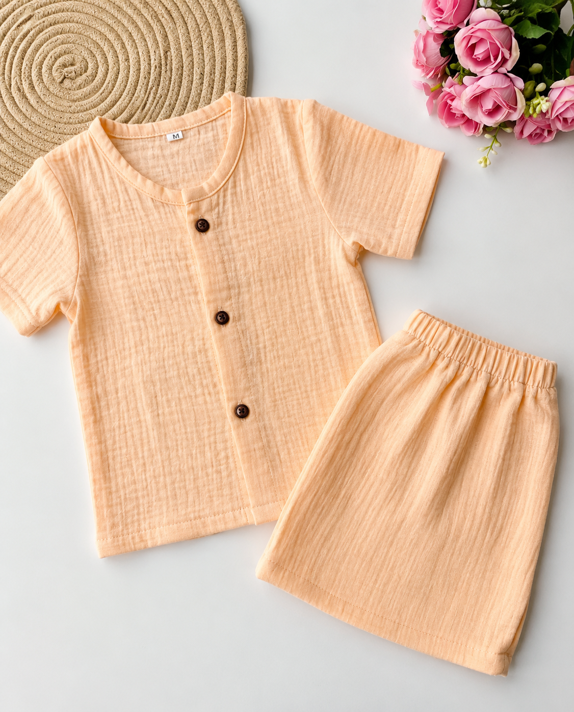 Muslin Half Sleeve Co Ord Set - Peach