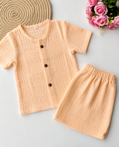 Muslin Half Sleeve Co Ord Set - Peach