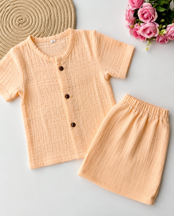 Muslin Half Sleeve Co Ord Set - Peach