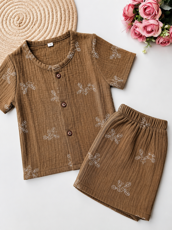 Muslin Half Sleeve Co Ord Set - Henna Green Crab