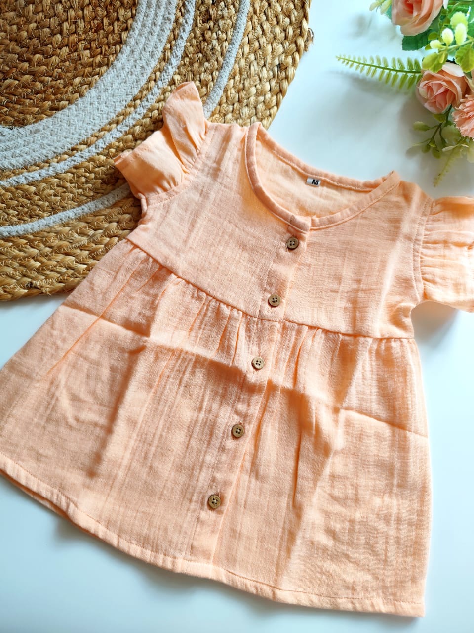 Muslin Frilled Sleeve Frock - Peach