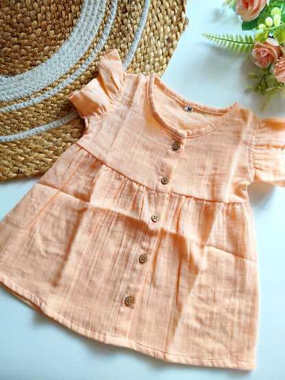 Muslin Frilled Sleeve Frock - Peach