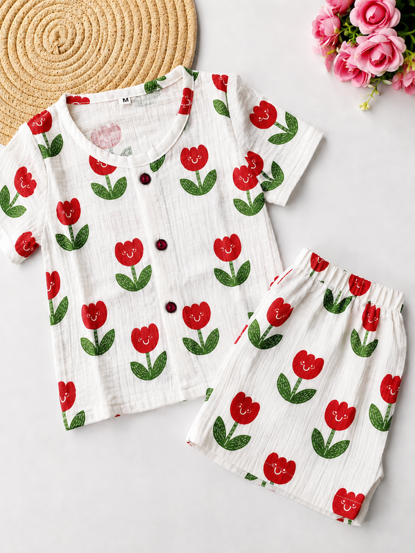 Muslin Half Sleeve Co Ord Set - Tulips