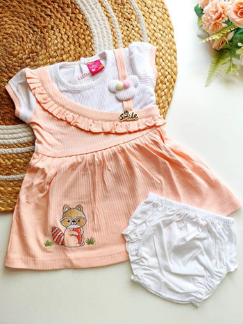 Kids Frocks- Peach with Raccoon Embroidery