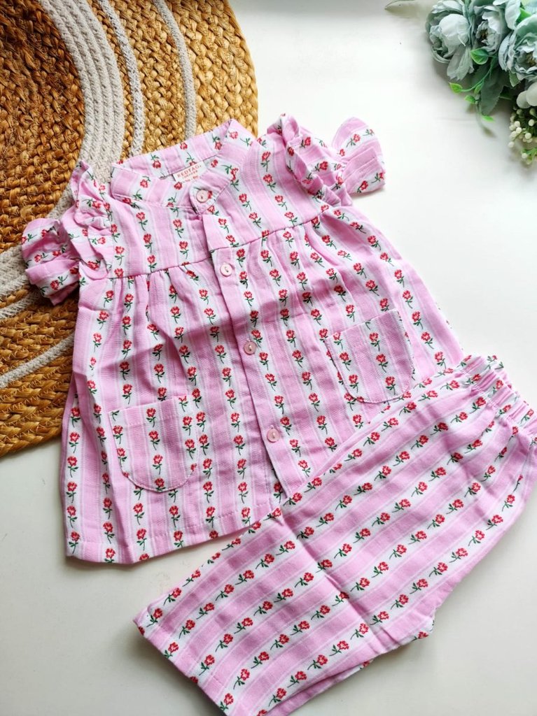 Muslin Co-Ord Set- Pink Floral Stripe