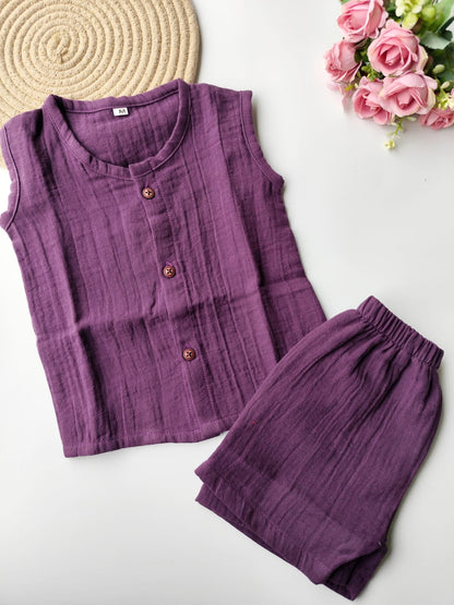Muslin Sleeveless Co Ord Set - Purple