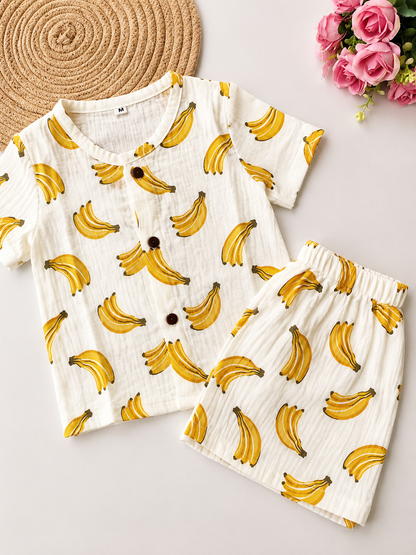 Muslin Half Sleeve Co Ord Set - Banana