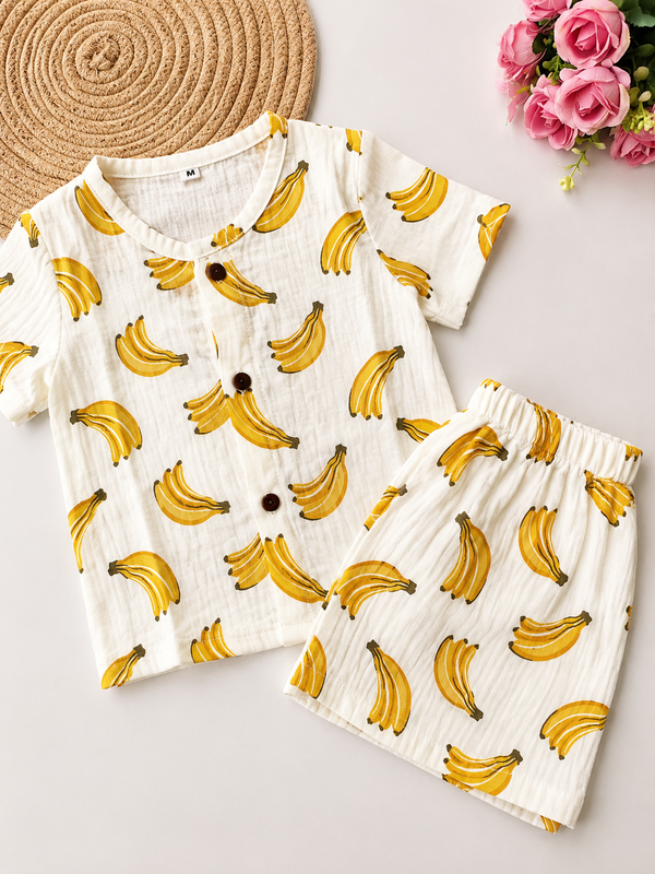 Muslin Half Sleeve Co Ord Set - Banana