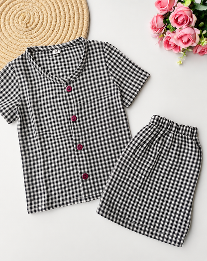 Muslin Half Sleeve Co Ord Set - Black Gingham