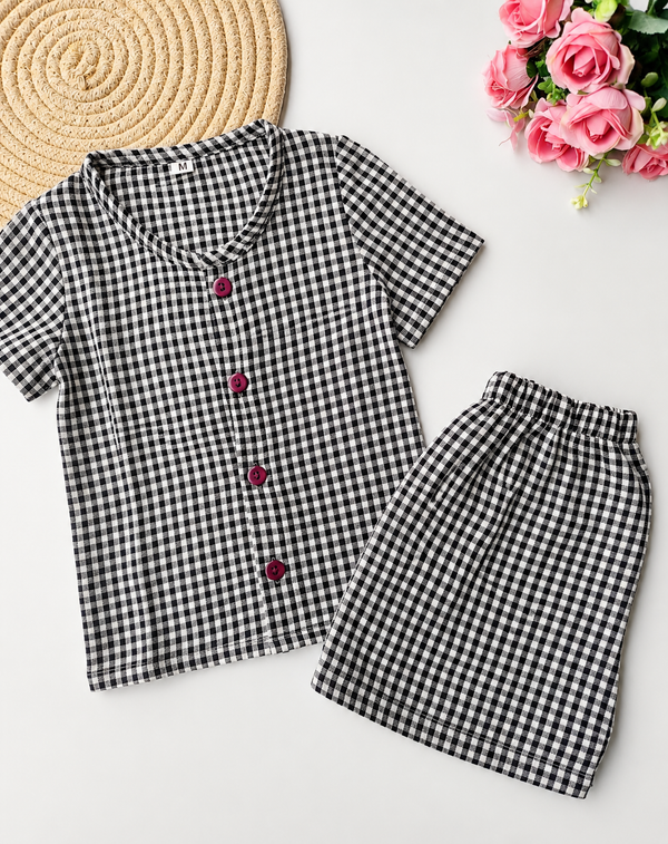 Muslin Half Sleeve Co Ord Set - Black Gingham