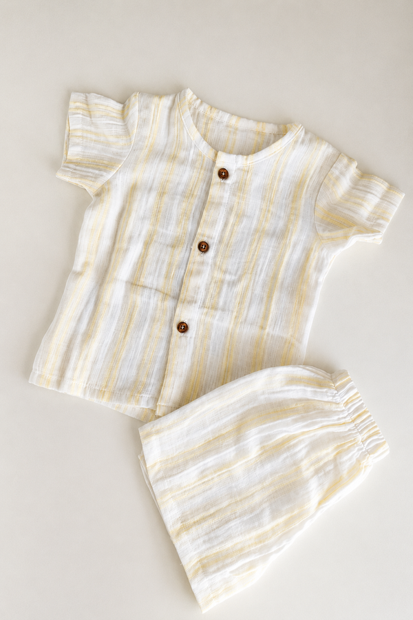 Muslin Half Sleeve Co Ord Set - Yellow Stripes