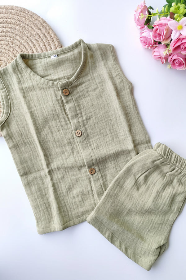 Muslin Sleeveless Co Ord Set - Sage Green