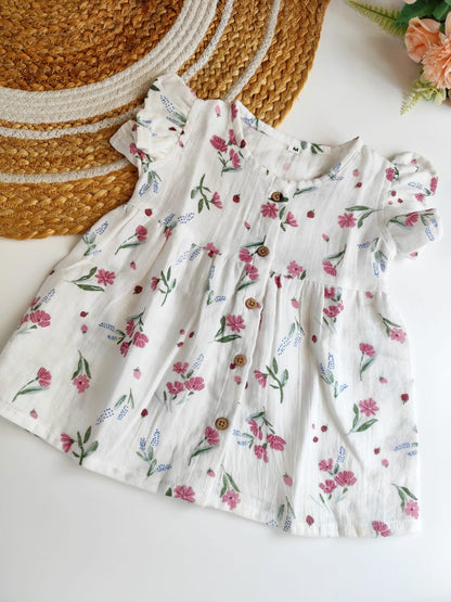 Muslin Frilled Sleeve Frock - Pink Floral