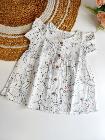 Muslin Frilled Sleeve Frock - Floral Doodle