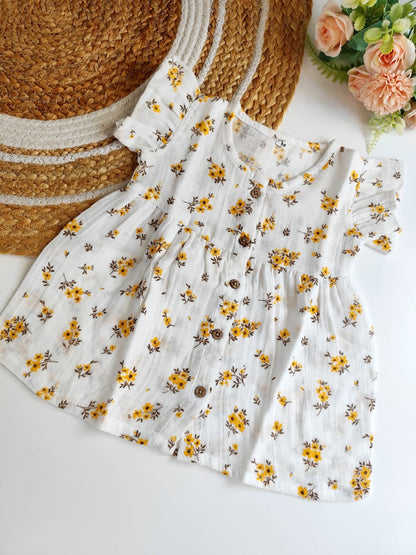 Muslin Frilled Sleeve Frock - Yellow Floral