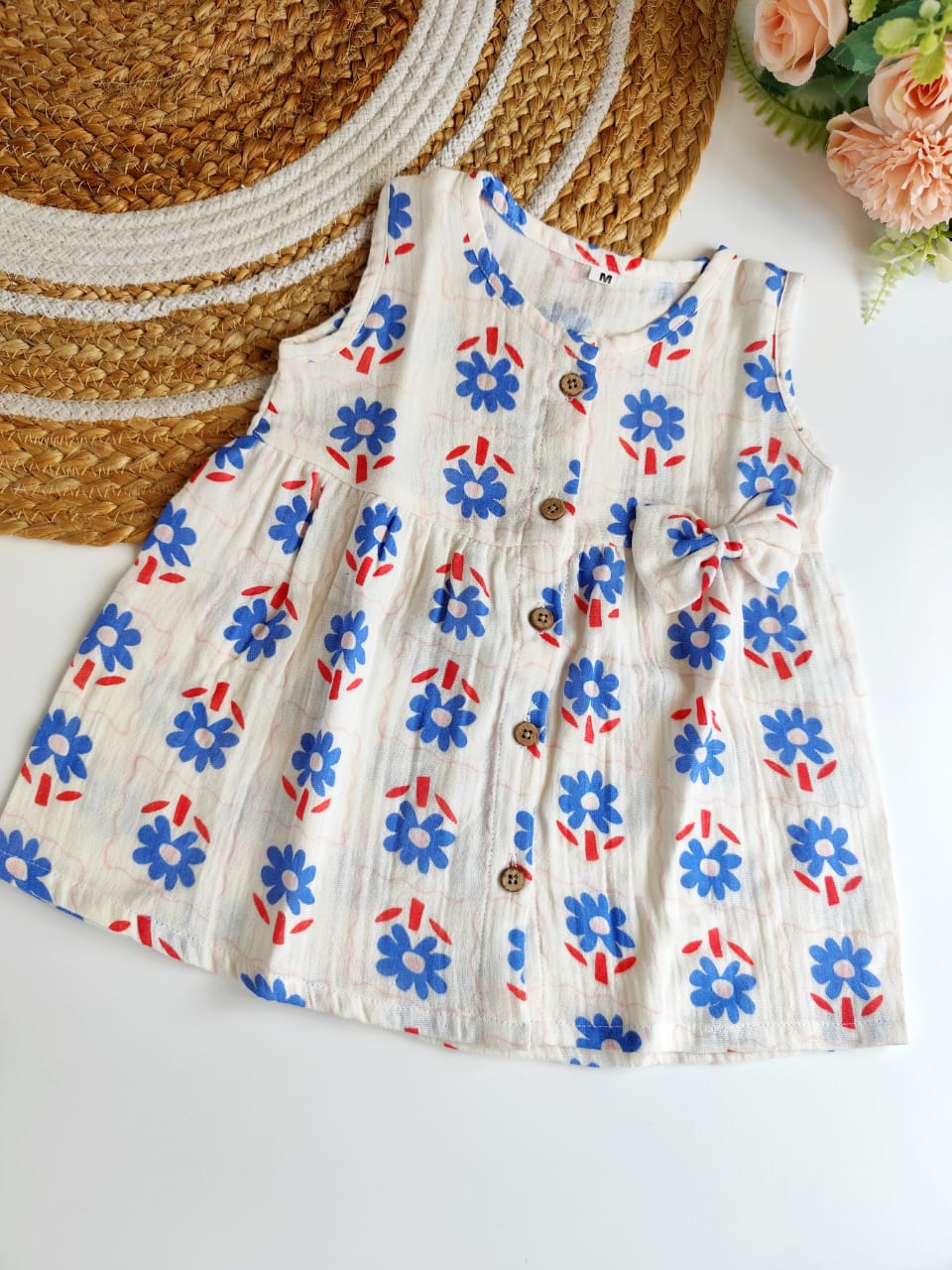 Muslin Hip Cut Frock - Blue Floral
