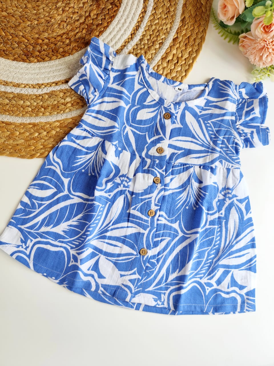 Muslin Frilled Sleeve Frock - Blue Pattern