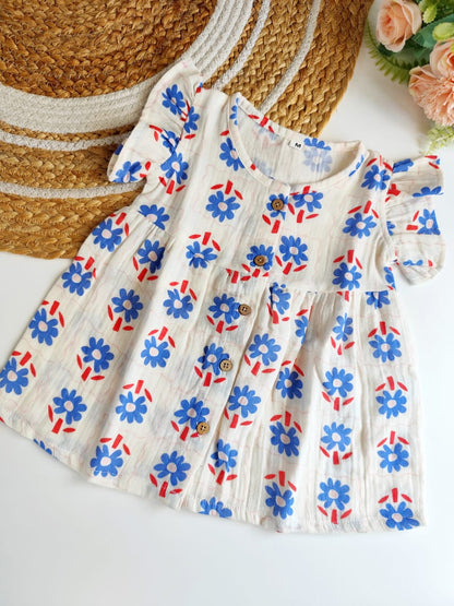 Muslin Frilled Sleeve Frock - Blue Floral