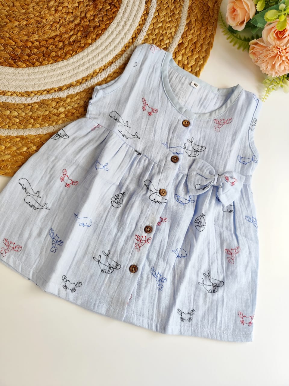 Muslin Hip Cut Frock - Blue Fish