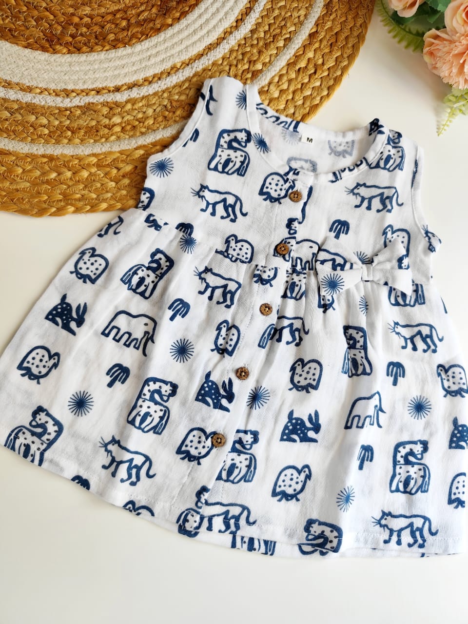 Muslin Hip Cut Frock - Animals Doodle