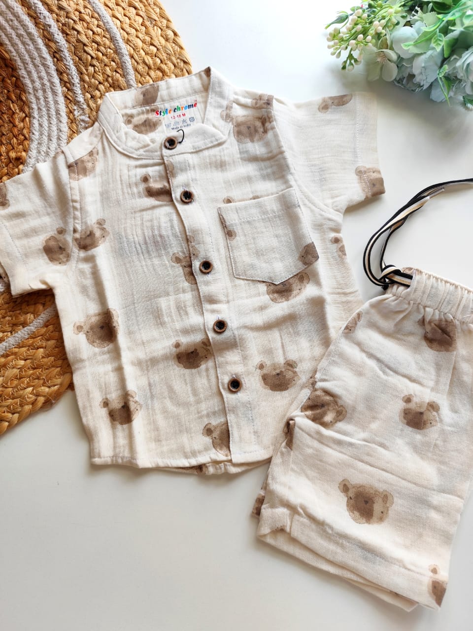 Muslin Mandarin Collared Co Ord Set - Teddy Bear