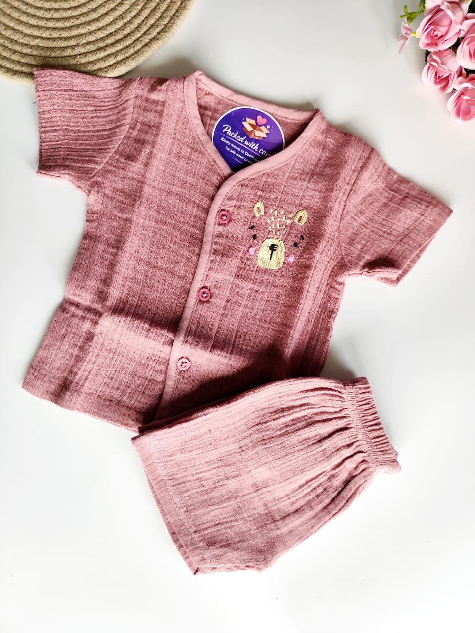 Muslin Embroidered Co Ord Set - Mauve Pink