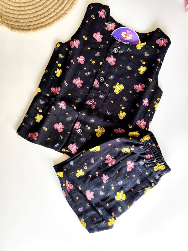 Muslin Sleeveless Co Ord Set - Black Butterfly