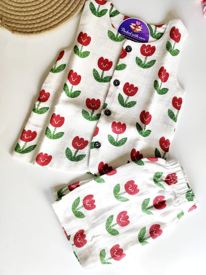 Muslin Sleeveless Co Ord Set - Tulips