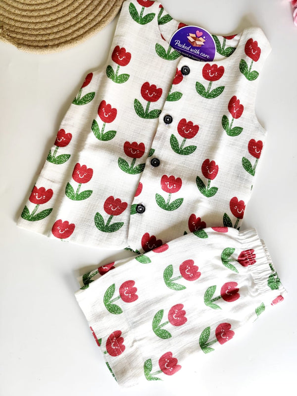 Muslin Sleeveless Co Ord Set - Tulips