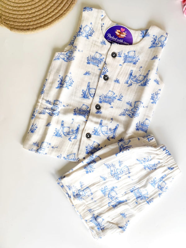 Muslin Sleeveless Co Ord Set - White Bear