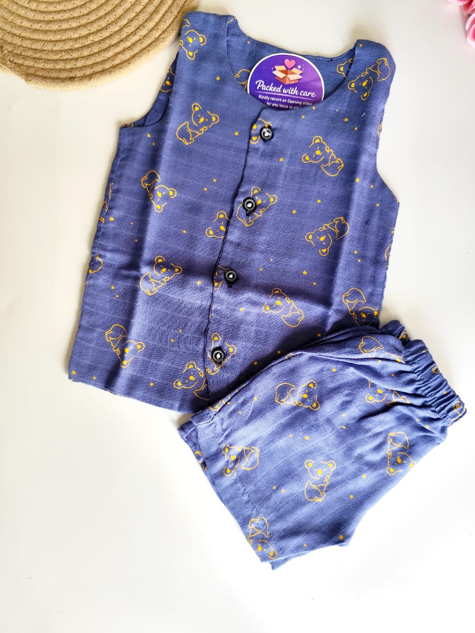 Muslin Sleeveless Co Ord Set - Navy Bear