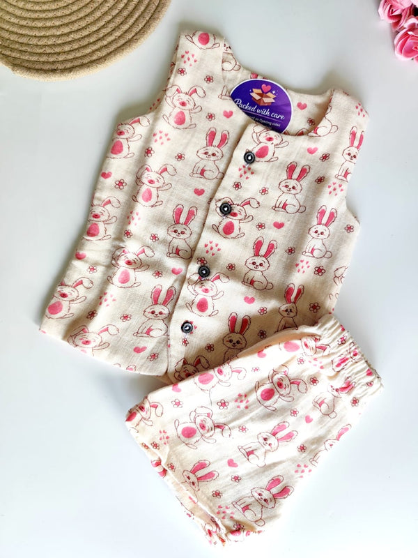 Muslin Sleeveless Co Ord Set - Pink Bunny