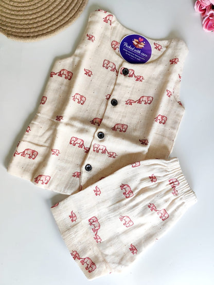 Muslin Sleeveless Co Ord Set - Elephant