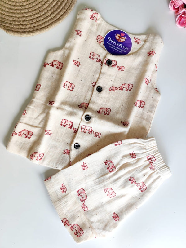 Muslin Sleeveless Co Ord Set - Elephant
