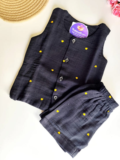 Muslin Sleeveless Co Ord Set - Black Hearts