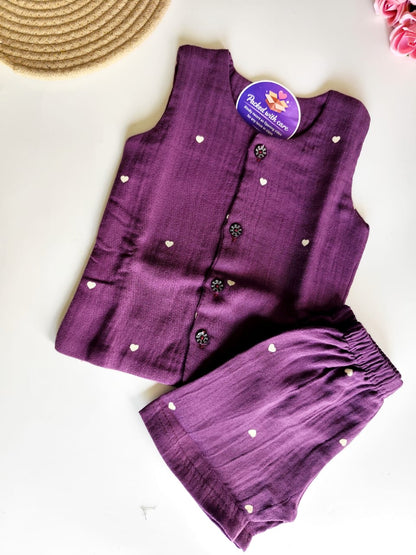 Muslin Sleeveless Co Ord Set - Purple Hearts