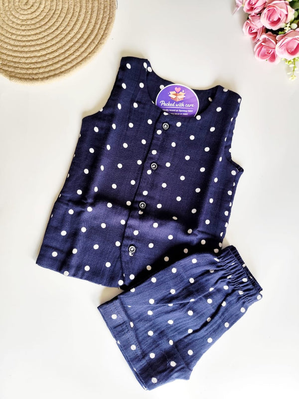 Muslin Sleeveless Co Ord Set - Navy Polka