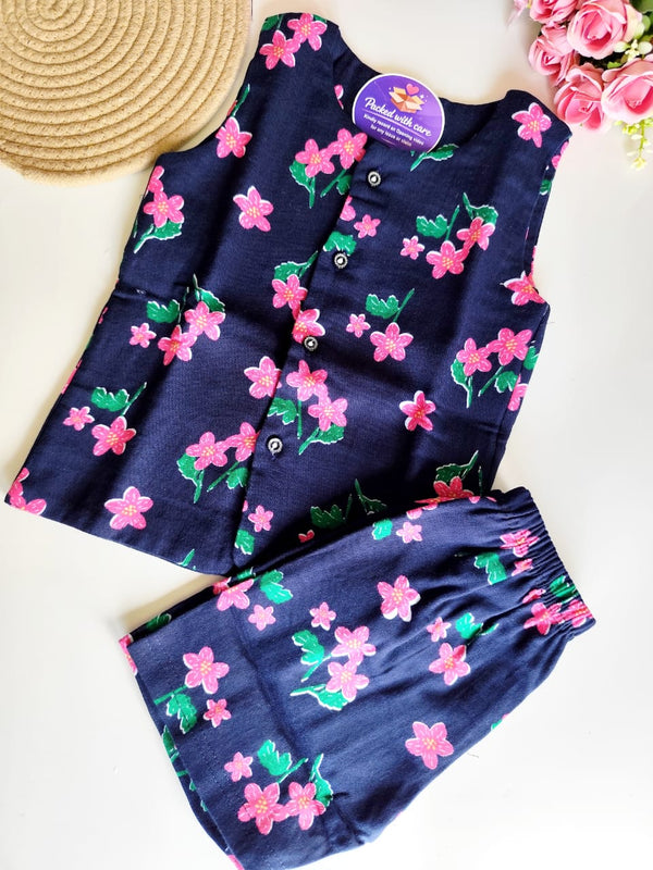 Muslin Sleeveless Co Ord Set - Navy Floral