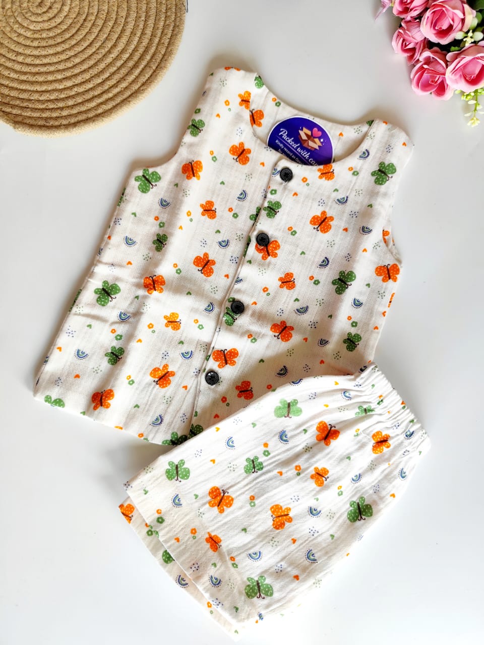 Muslin Sleeveless Co Ord Set - White Butterfly