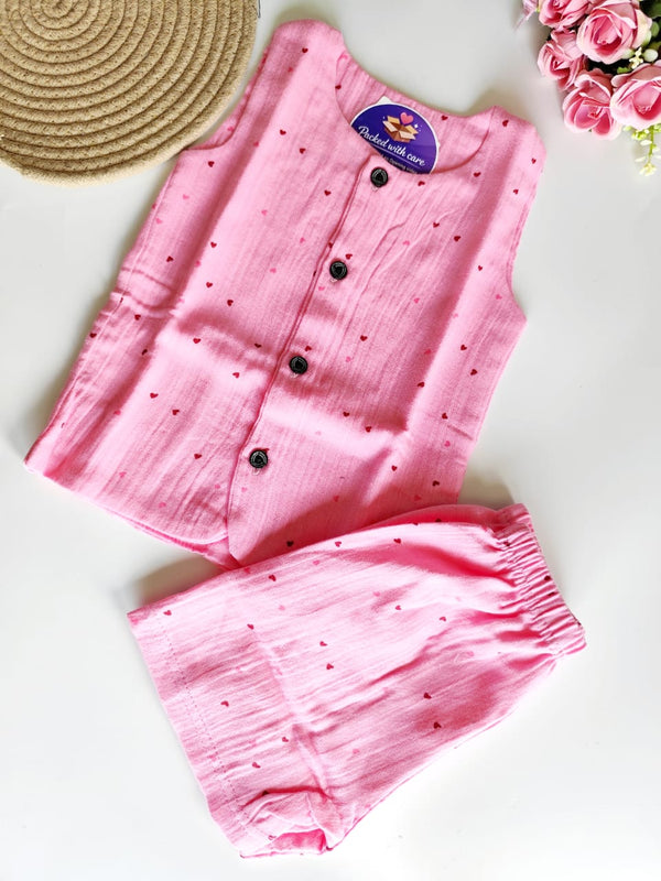 Muslin Sleeveless Co Ord Set - Pink Hearts