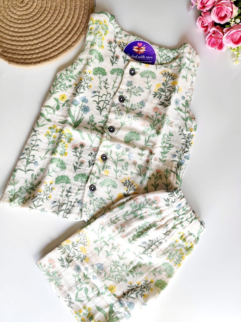 Muslin Sleeveless Co Ord Set - Green Garden