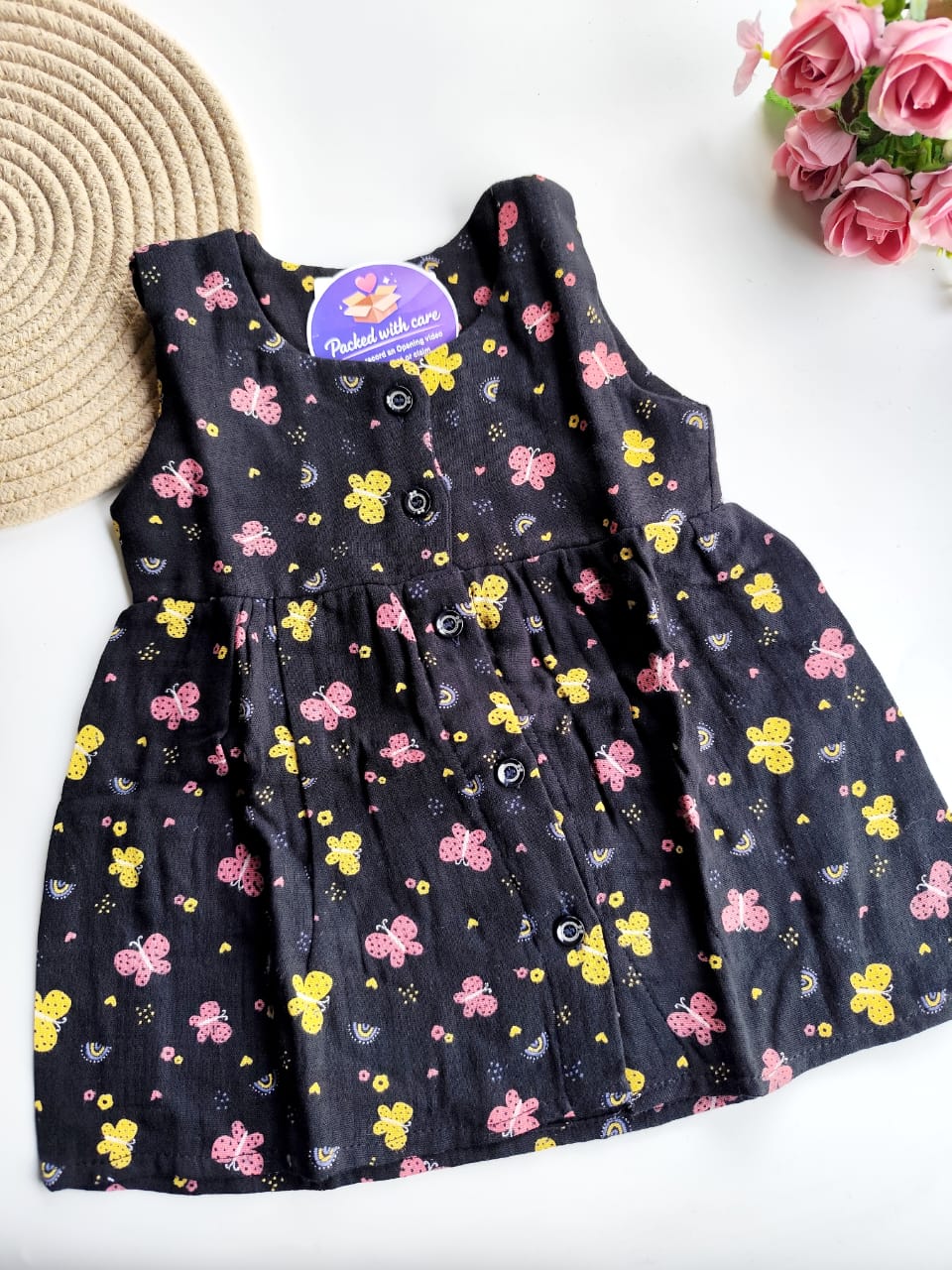 Muslin Hip Cut Frock - Black Butterfly