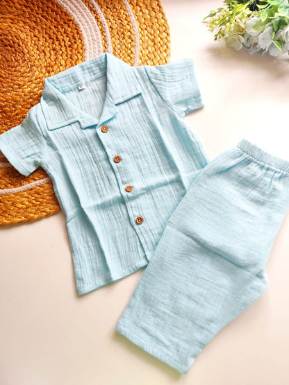 Muslin Cuban Collared Co Ord Sets - Sky Blue Solid