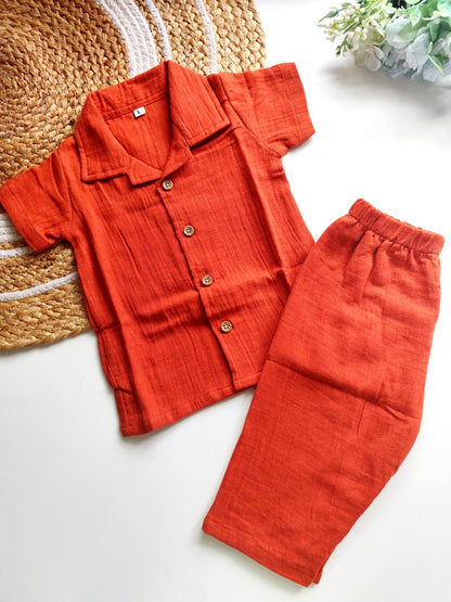 Muslin Cuban Collared Co Ord Sets - Rust Solid