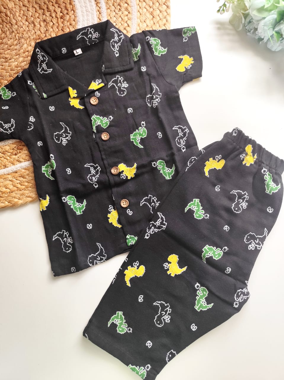 Muslin Cuban Collared Co Ord Sets - Black Dinos