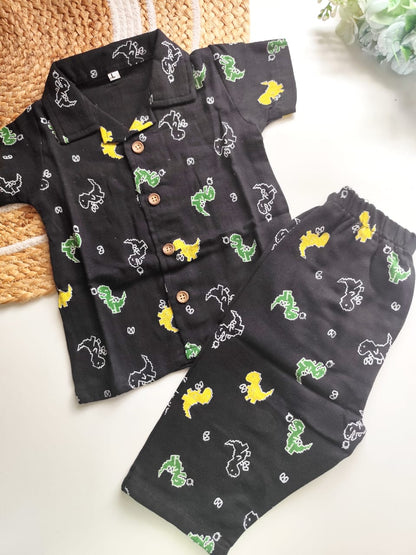 Muslin Cuban Collared Co Ord Sets - Black Dinos