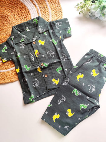 Muslin Cuban Collared Co Ord Sets - Green Dino
