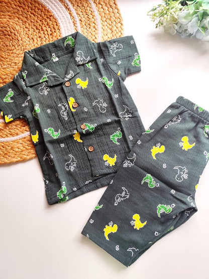 Muslin Cuban Collared Co Ord Sets - Green Dino