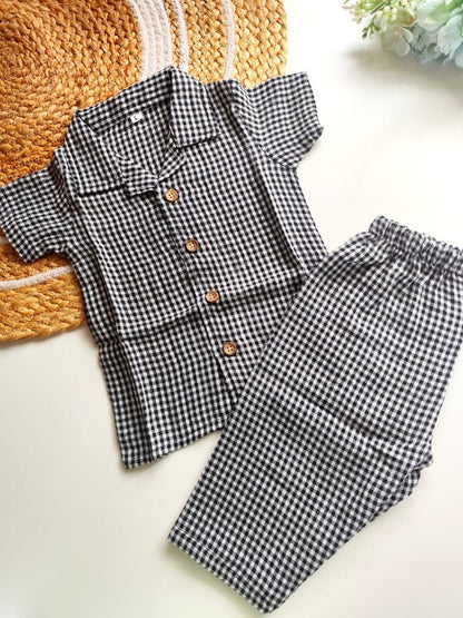 Muslin Cuban Collared Co Ord Sets - Black Gingam