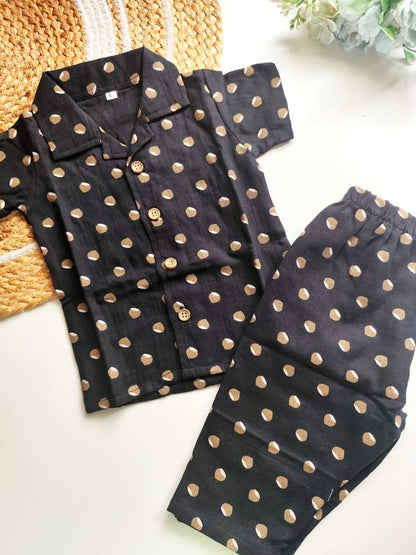 Muslin Cuban Collared Co Ord Sets - Black Dotted